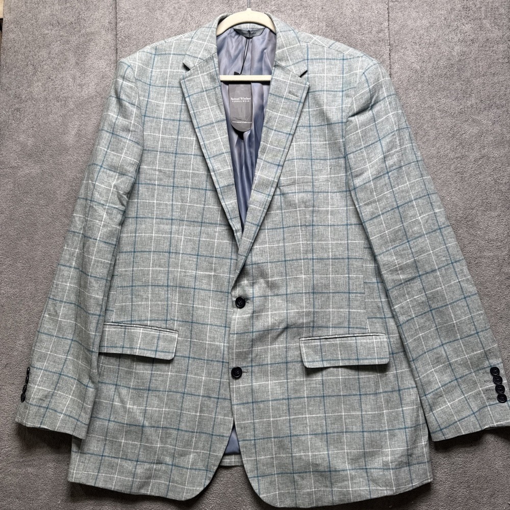 Samuel Windsor Sport Coat Mens 44L‎ Gray Linen Blend Plaid Blazer Sedgefield